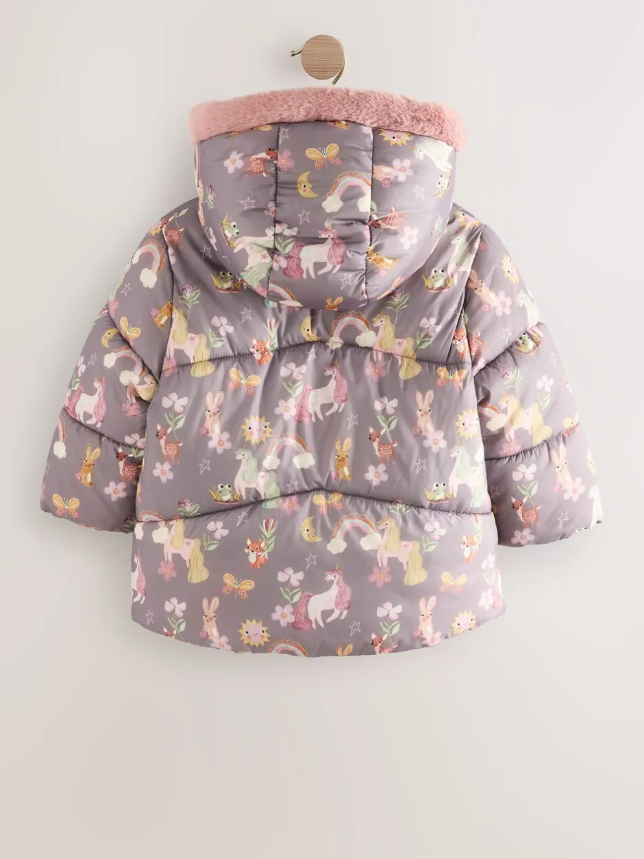 Jassen, Jacks En Kinderwagenpakjes|Jassen En Jacks|Next - Regenbestendige gewatteerde jas met imitatiebont afwerking (3mnd-7jr) Damson Unicorn