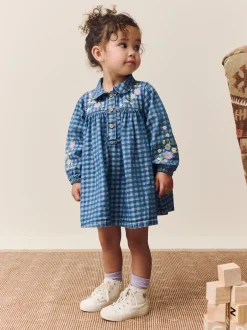 Jurken|Jurken|Next - Jurkje met kraag en lange mouwen (3mnd-8jr) Denim met ruit en borduursel