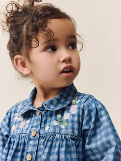 Jurken|Jurken|Next - Jurkje met kraag en lange mouwen (3mnd-8jr) Denim met ruit en borduursel