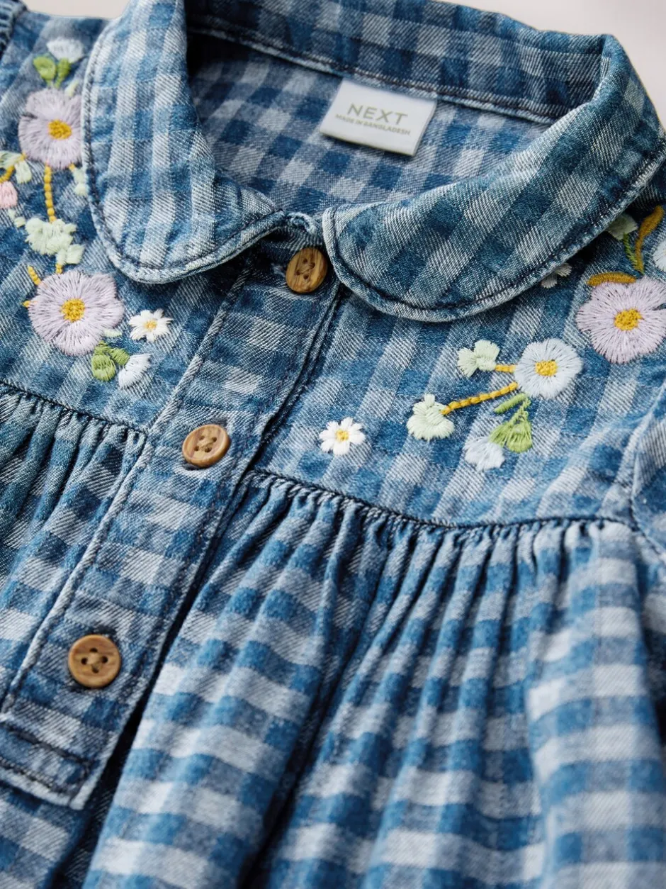 Jurken|Jurken|Next - Jurkje met kraag en lange mouwen (3mnd-8jr) Denim met ruit en borduursel