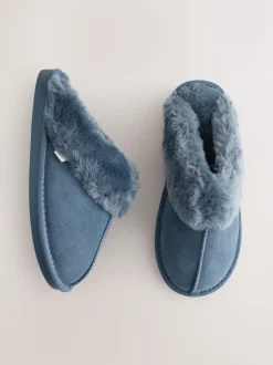 Pantoffels|Alle Nacht- En Loungekleding|Next Denimblauw - Met imitatiebont gevoerde suède pantoffelmuiltjes