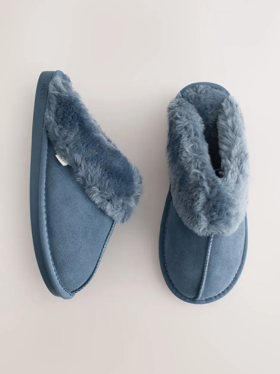 Pantoffels|Alle Nacht- En Loungekleding|Next Denimblauw - Met imitatiebont gevoerde suède pantoffelmuiltjes