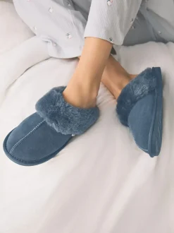Pantoffels|Alle Nacht- En Loungekleding|Next Denimblauw - Met imitatiebont gevoerde suède pantoffelmuiltjes