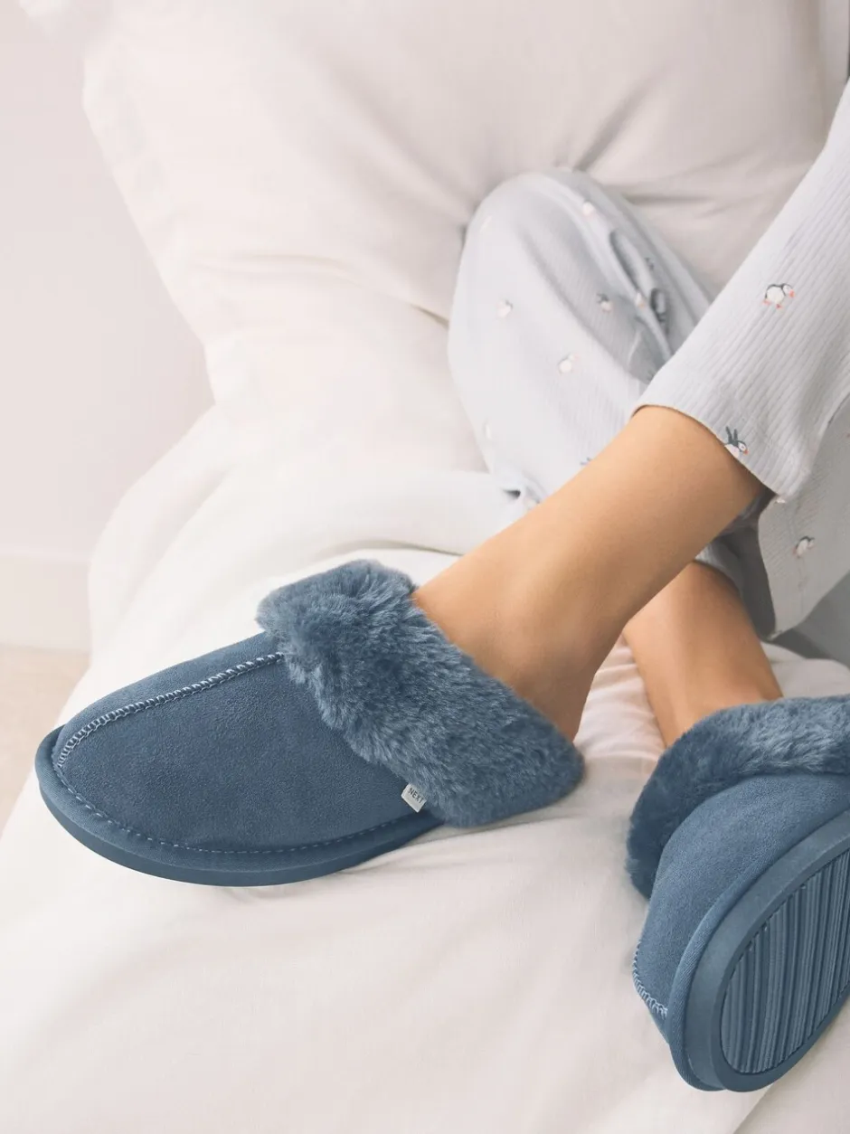 Pantoffels|Alle Nacht- En Loungekleding|Next Denimblauw - Met imitatiebont gevoerde suède pantoffelmuiltjes