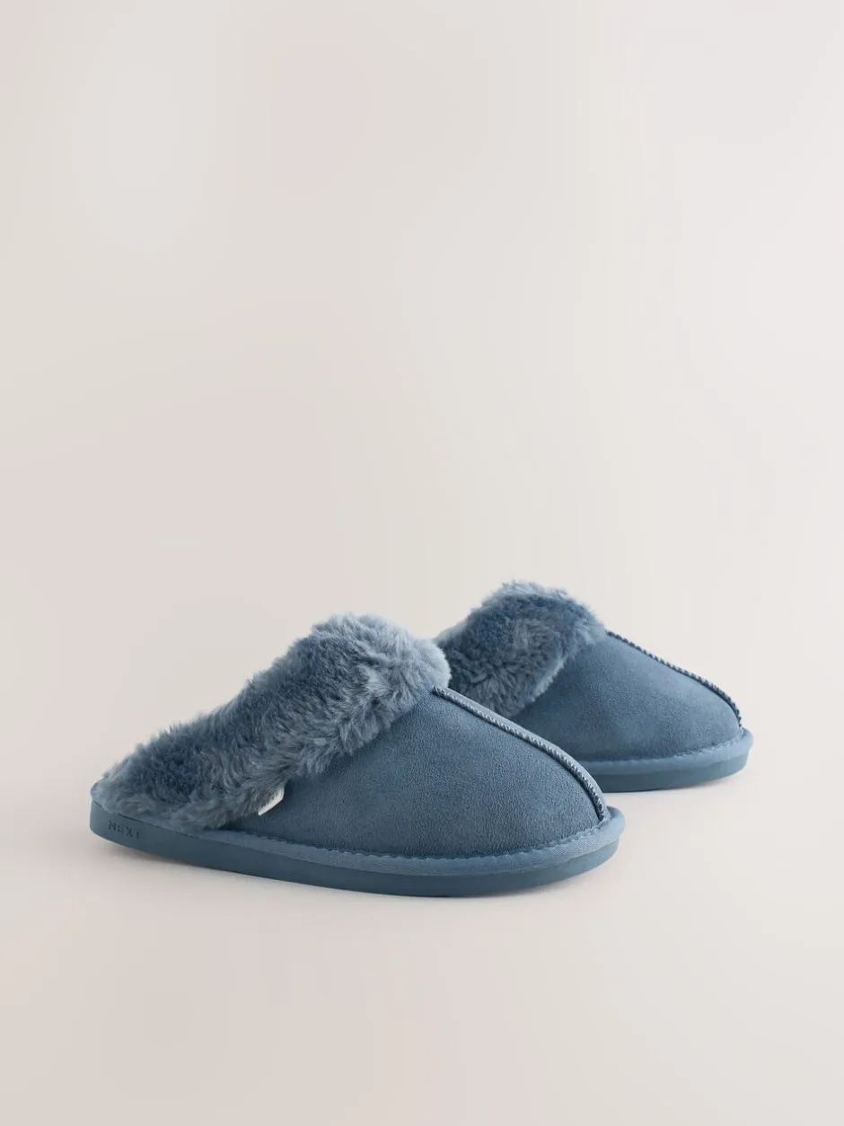 Pantoffels|Alle Nacht- En Loungekleding|Next Denimblauw - Met imitatiebont gevoerde suède pantoffelmuiltjes