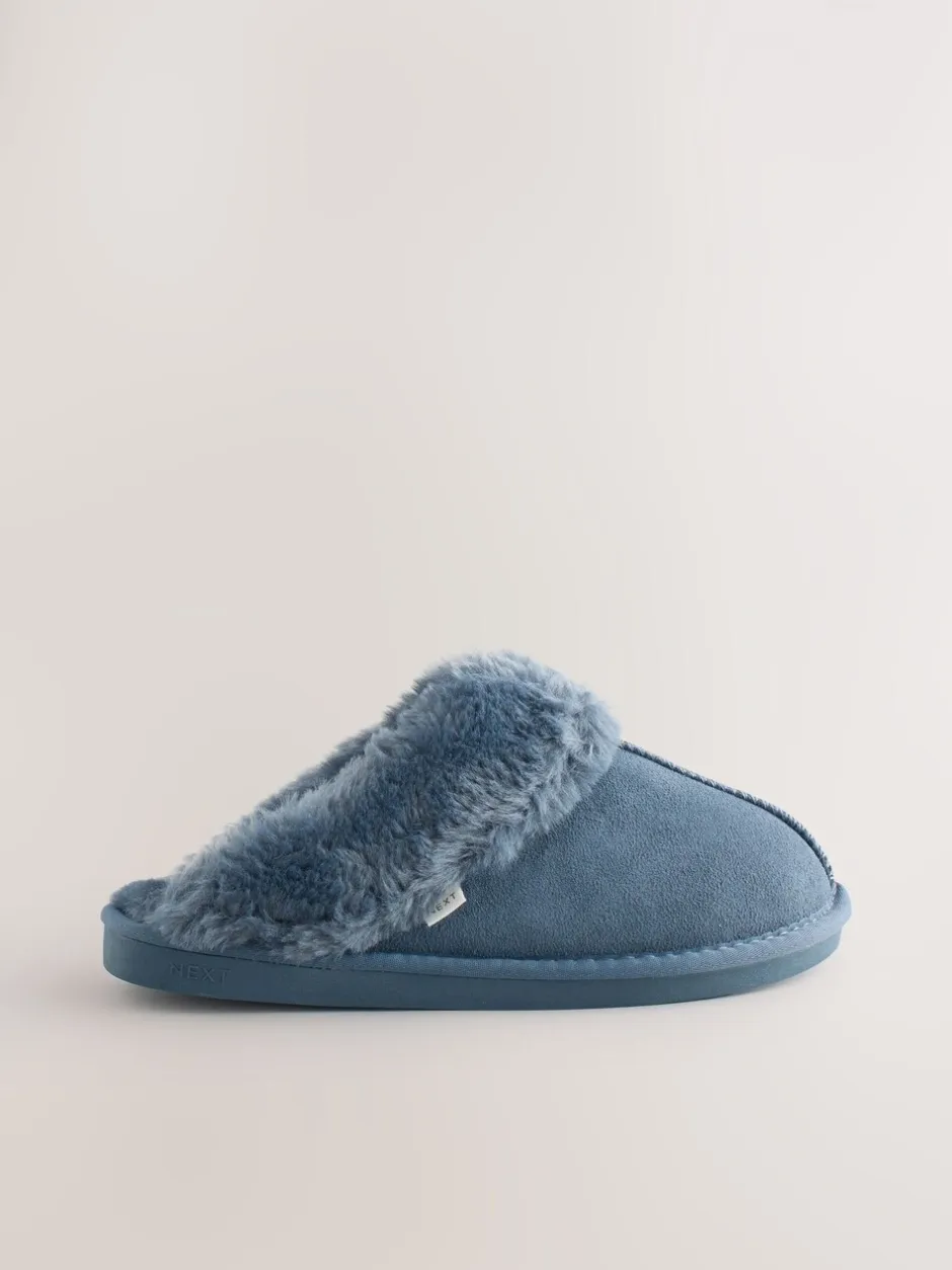 Pantoffels|Alle Nacht- En Loungekleding|Next Denimblauw - Met imitatiebont gevoerde suède pantoffelmuiltjes