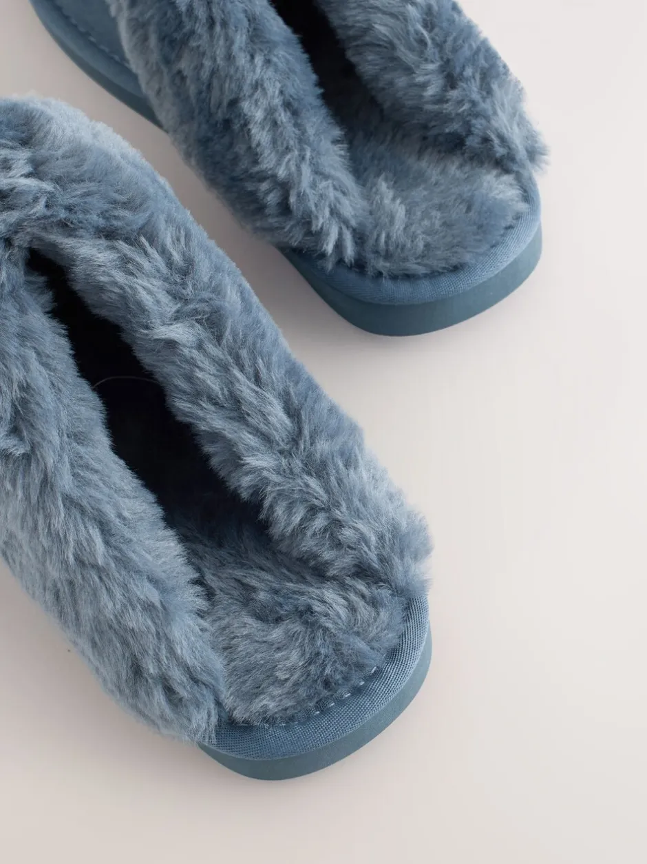 Pantoffels|Alle Nacht- En Loungekleding|Next Denimblauw - Met imitatiebont gevoerde suède pantoffelmuiltjes