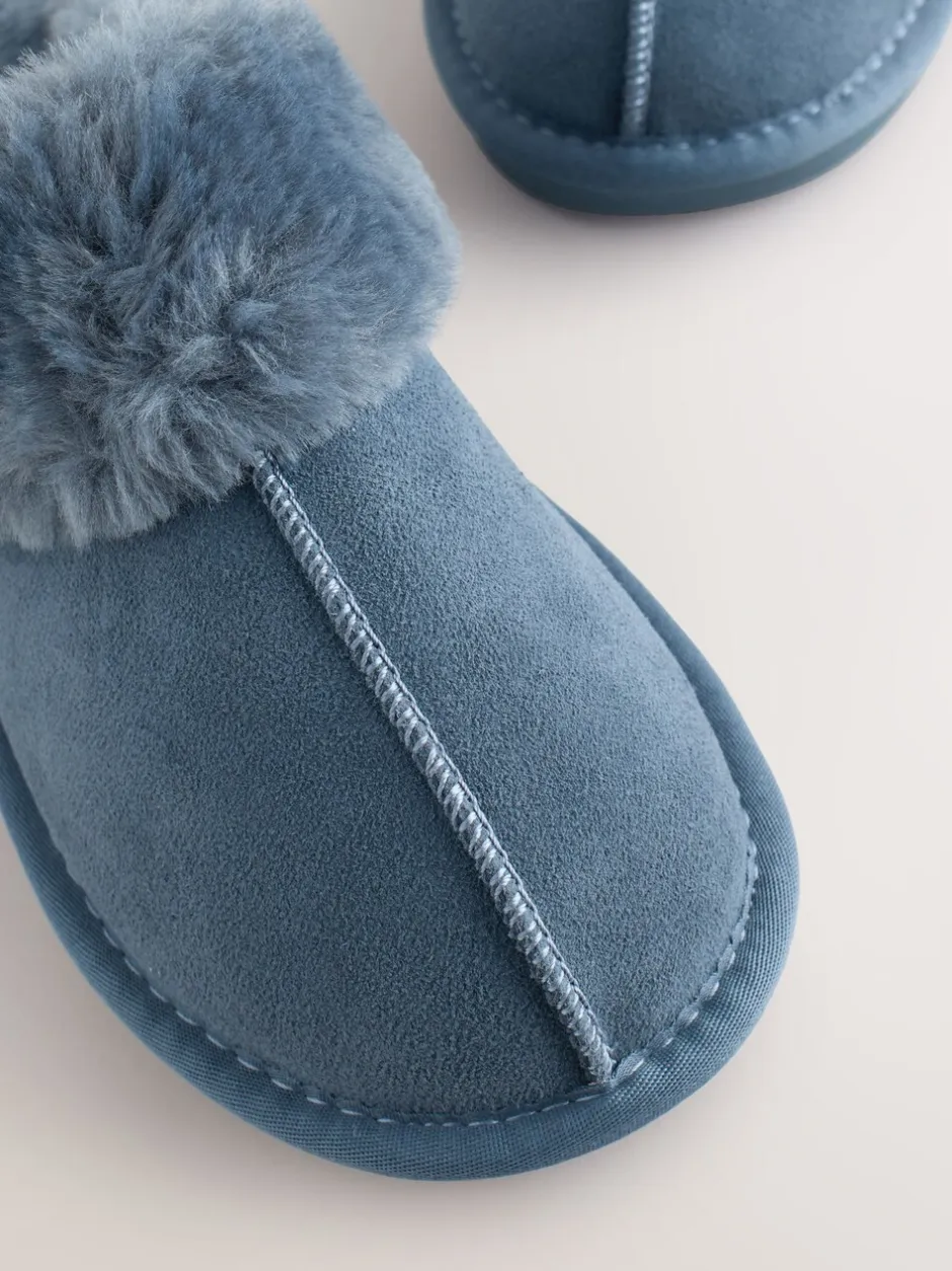 Pantoffels|Alle Nacht- En Loungekleding|Next Denimblauw - Met imitatiebont gevoerde suède pantoffelmuiltjes