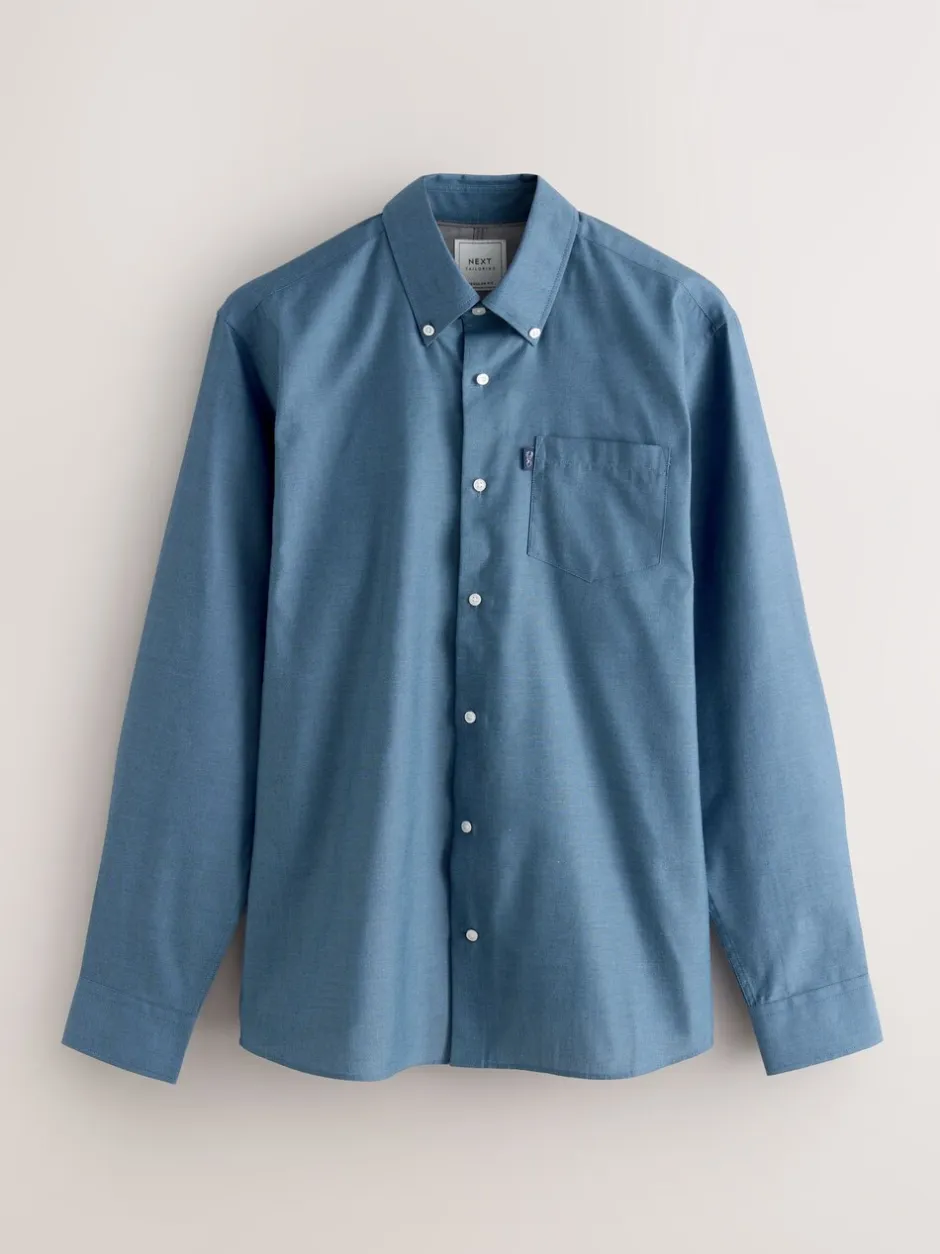 Formele Overhemden|Shirts*Next Denimblauw - Normale Pasvorm - Gemakkelijk te strijken Oxford overhemd met doorlopende knopen