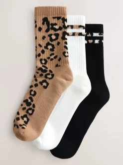 Sokken En Panty's|Next Dierenprintstreep - 3 Paar geribbelde enkelsokken met verzachte onderkant en voetholteondersteuning