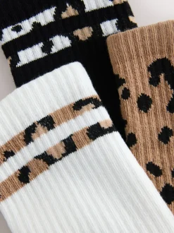 Sokken En Panty's|Next Dierenprintstreep - 3 Paar geribbelde enkelsokken met verzachte onderkant en voetholteondersteuning