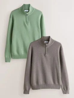 Gebreide Kleding*Next - 100% Cotton Regular Fit Premium Quarter Zip Jumpers 2 Pack Donker steengrijs/saliegroen