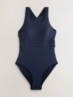 Badkleding*Next Donkerblauw - Badpak met hoge hals en traliewerk voor buikcorrectie