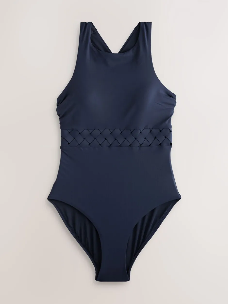 Badkleding*Next Donkerblauw - Badpak met hoge hals en traliewerk voor buikcorrectie