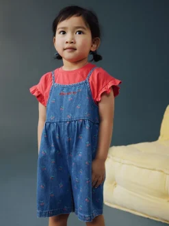 Jumpsuits En Playsuits*Next Donkerblauw - Cherry Printed Denim Playsuit and T-Shirt (3mths-7yrs)