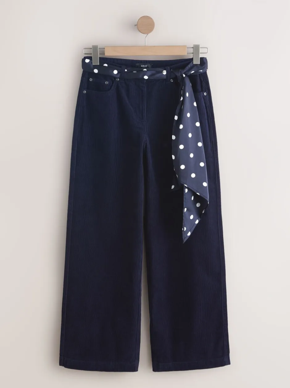Broeken|Next - Cord Wide Leg Trousers With Scarf Donkerblauw