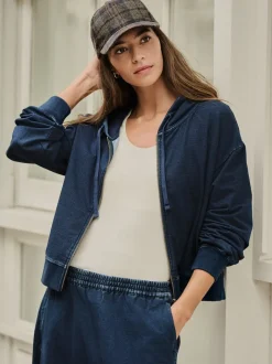 Hoody's En Sweatshirts*Next Donkerblauw - Denim Jersey Zip Through Hoodie