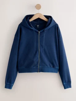 Hoody's En Sweatshirts*Next Donkerblauw - Denim Jersey Zip Through Hoodie