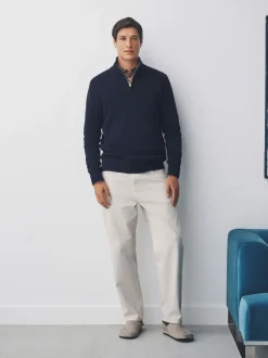 Gebreide Kleding*Next Donkerblauw - Effen - Regular fit 100% katoenen premium trui met korte rits