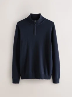 Gebreide Kleding*Next Donkerblauw - Effen - Regular fit 100% katoenen premium trui met korte rits