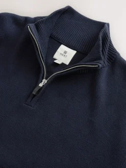 Gebreide Kleding*Next Donkerblauw - Effen - Regular fit 100% katoenen premium trui met korte rits