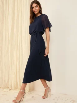 Gelegenheidskleding|Jurken*Friends Like These - scuba chiffon midi-jurk met fladdermouwen Donkerblauw