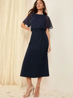Gelegenheidskleding|Jurken*Friends Like These - scuba chiffon midi-jurk met fladdermouwen Donkerblauw