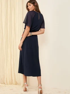 Gelegenheidskleding|Jurken*Friends Like These - scuba chiffon midi-jurk met fladdermouwen Donkerblauw