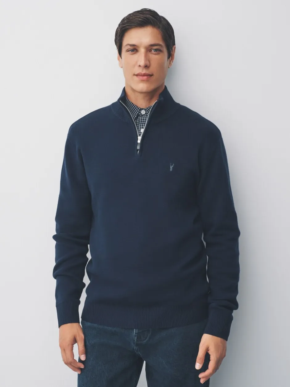 Gebreide Kleding|Next - Hertlogo - Regular fit 100% katoenen premium trui met korte rits Donkerblauw