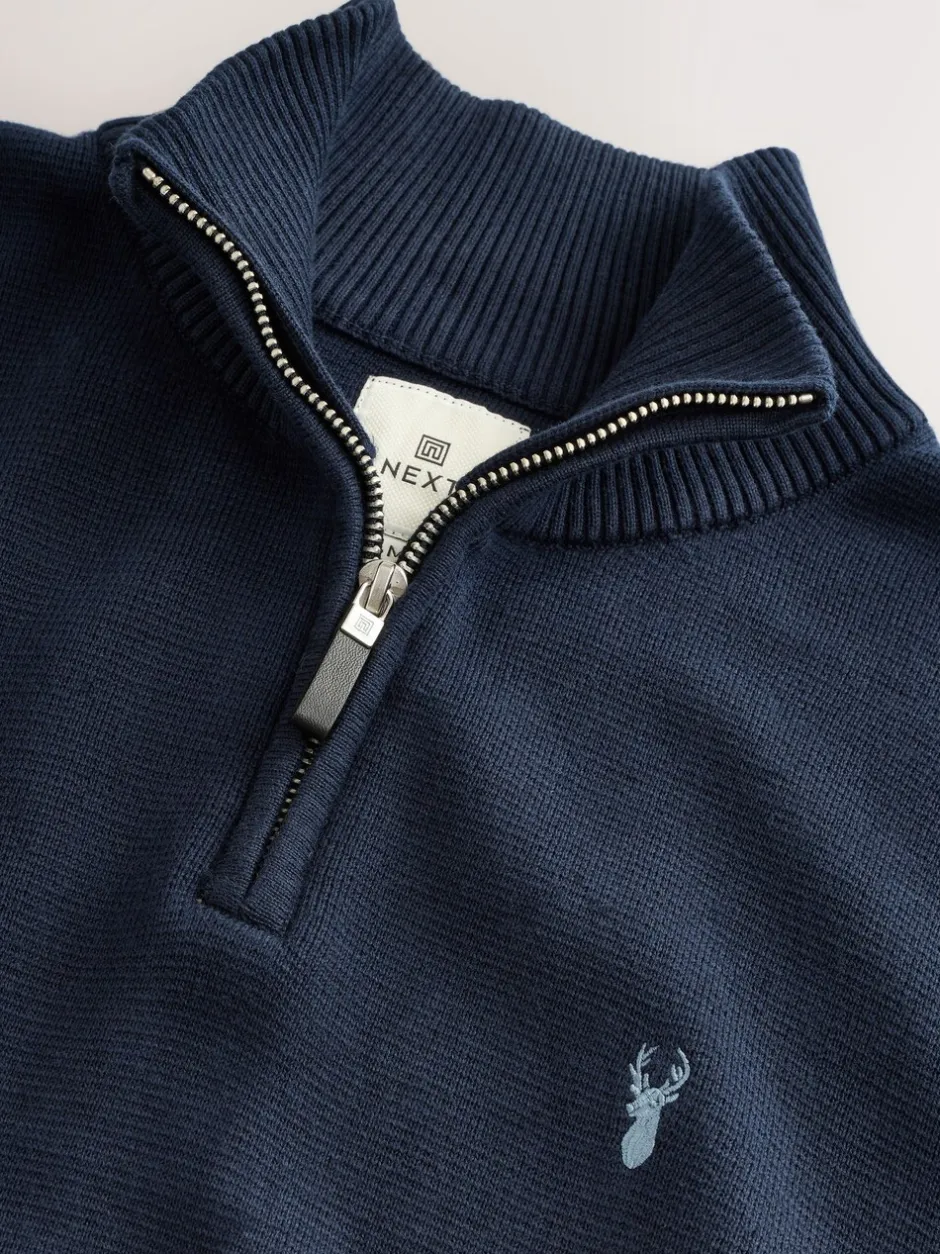 Gebreide Kleding|Next - Hertlogo - Regular fit 100% katoenen premium trui met korte rits Donkerblauw