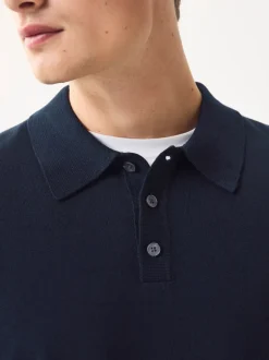 Gebreide Kleding|T-Shirts En Hemden|Next Donkerblauw - Normale Pasvorm - Katoenrijk gebreid poloshirt met lange mouwen