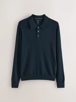 Gebreide Kleding|T-Shirts En Hemden|Next Donkerblauw - Normale Pasvorm - Katoenrijk gebreid poloshirt met lange mouwen
