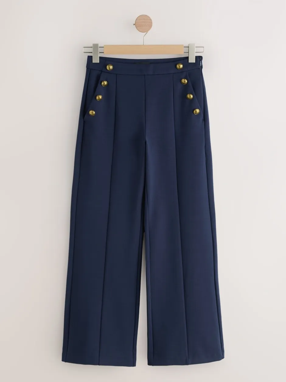 Kostuums En Werkkleding*Next - Ponte Broek met Wijde pijpen en goudkleurige knoopdetails Donkerblauw
