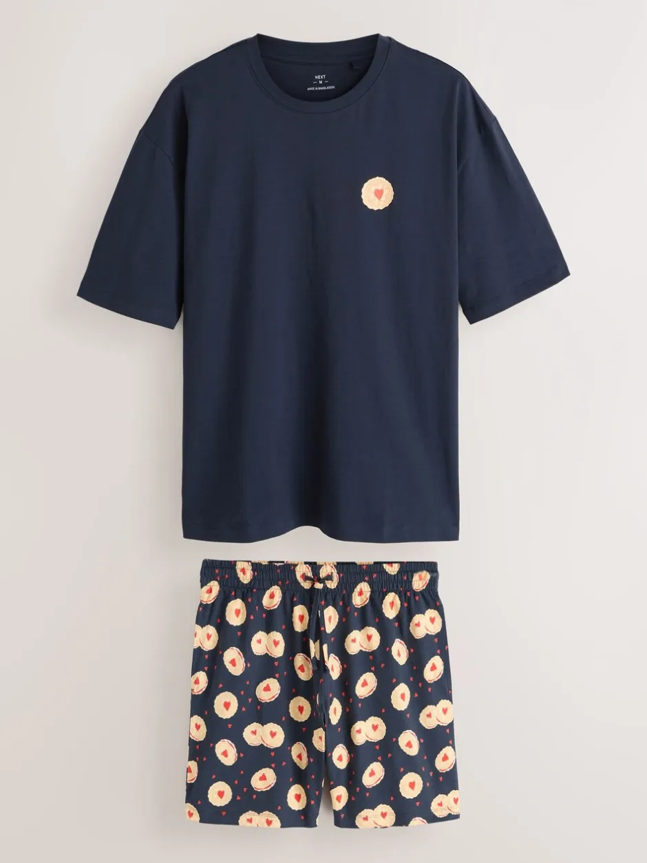 Pyjama's|Loungewear*Next Donkerblauw - Printed Short Sleeve Jersey Pyjamas Set