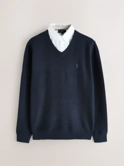 Gebreide Kleding|Next - Regular Fit getextureerde schijn-Oxford overhemdtrui Donkerblauw