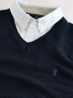 Gebreide Kleding|Next - Regular Fit getextureerde schijn-Oxford overhemdtrui Donkerblauw