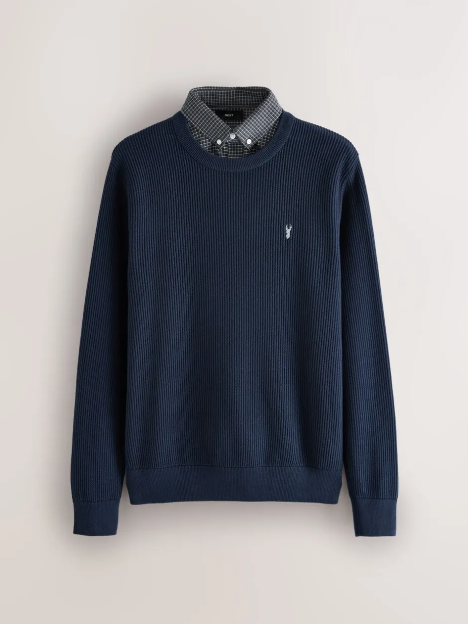 Gebreide Kleding|Next - Regular Fit Rib Texture Mock Shirt Jumper Donkerblauw