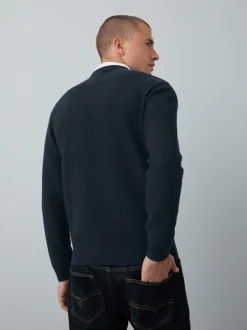 Gebreide Kleding|Next - Regular Fit getextureerde schijn-Oxford overhemdtrui Donkerblauw