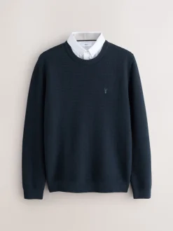 Gebreide Kleding|Next - Regular Fit getextureerde schijn-Oxford overhemdtrui Donkerblauw