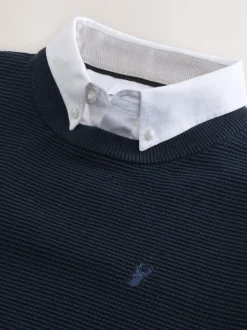 Gebreide Kleding|Next - Regular Fit getextureerde schijn-Oxford overhemdtrui Donkerblauw