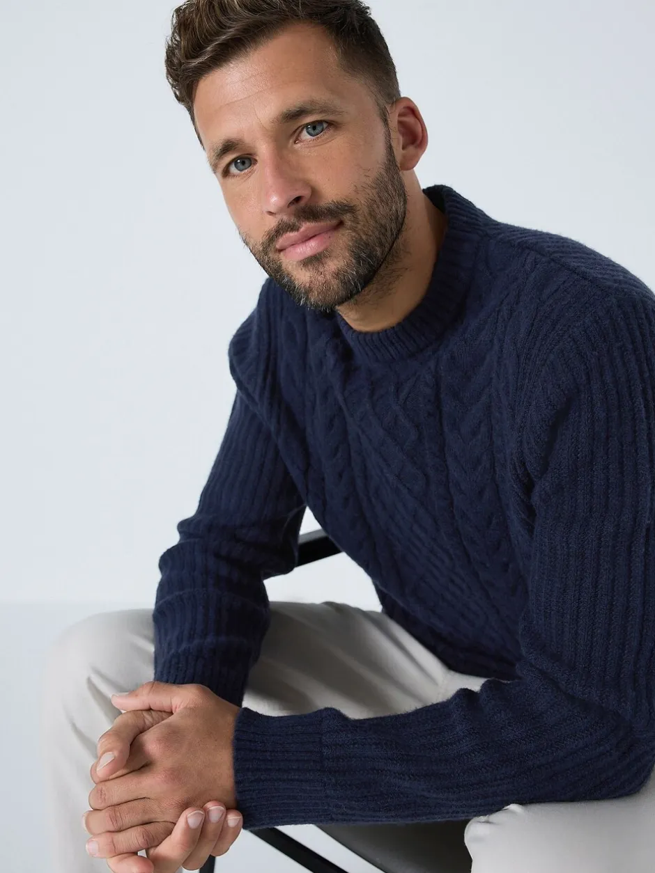 Gebreide Kleding|Next Donkerblauw - Regular Fit Aran Cable Knit Crew Neck Jumper with Wool