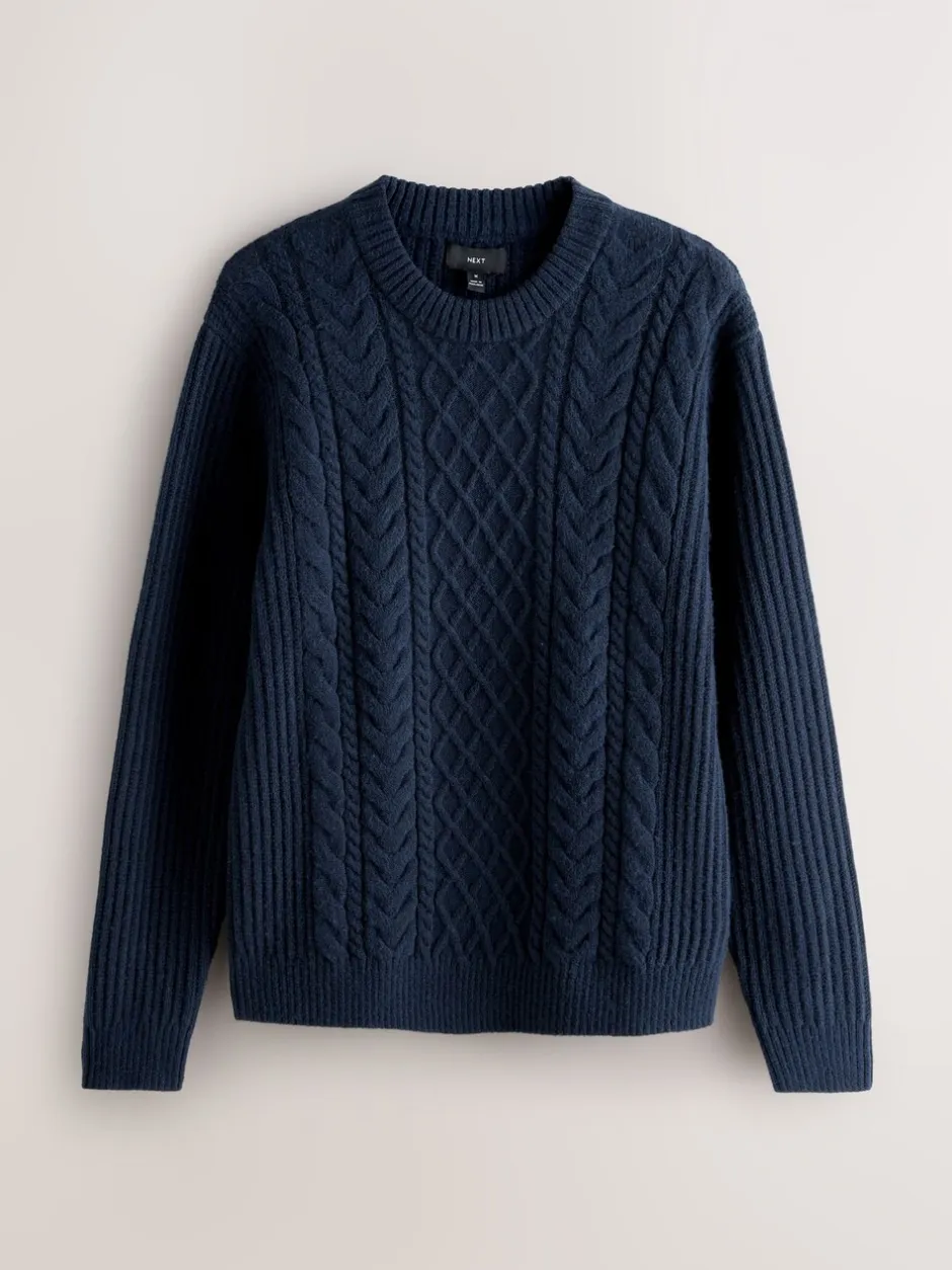Gebreide Kleding|Next Donkerblauw - Regular Fit Aran Cable Knit Crew Neck Jumper with Wool