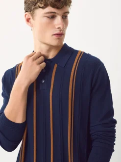 Gebreide Kleding|Poloshirts*Next - Regular-fit poloshirt met lange mouwen, streepdessin en hoog katoengehalte Donkerblauw