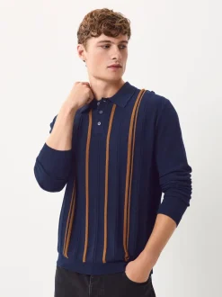 Gebreide Kleding|Poloshirts*Next - Regular-fit poloshirt met lange mouwen, streepdessin en hoog katoengehalte Donkerblauw