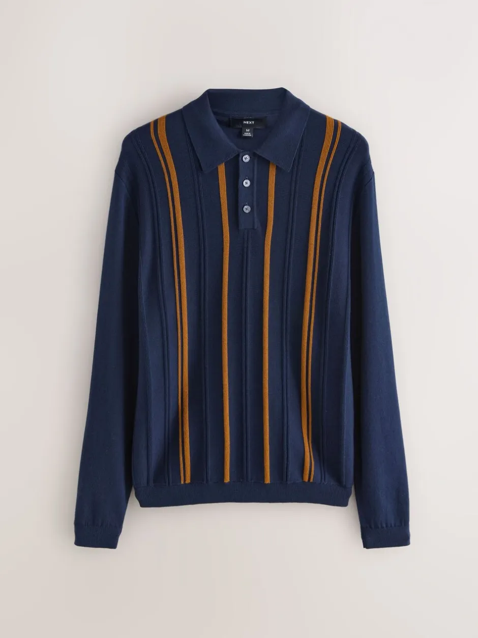 Gebreide Kleding|Poloshirts*Next - Regular-fit poloshirt met lange mouwen, streepdessin en hoog katoengehalte Donkerblauw