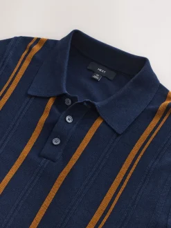 Gebreide Kleding|Poloshirts*Next - Regular-fit poloshirt met lange mouwen, streepdessin en hoog katoengehalte Donkerblauw