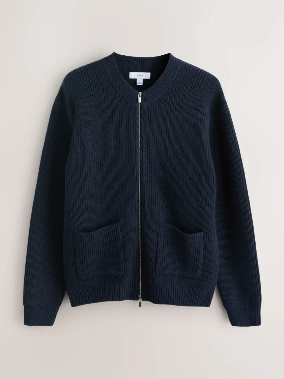 Gebreide Kleding|Next - Rib Texture Zip Through Cardigan with Wool Donkerblauw