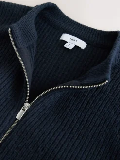 Gebreide Kleding|Next - Rib Texture Zip Through Cardigan with Wool Donkerblauw