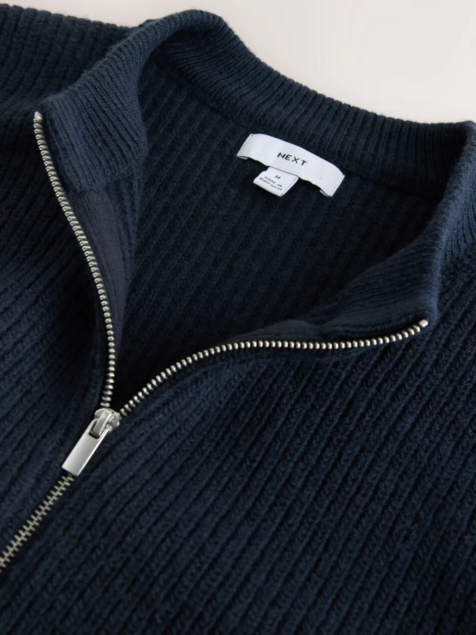 Gebreide Kleding|Next - Rib Texture Zip Through Cardigan with Wool Donkerblauw