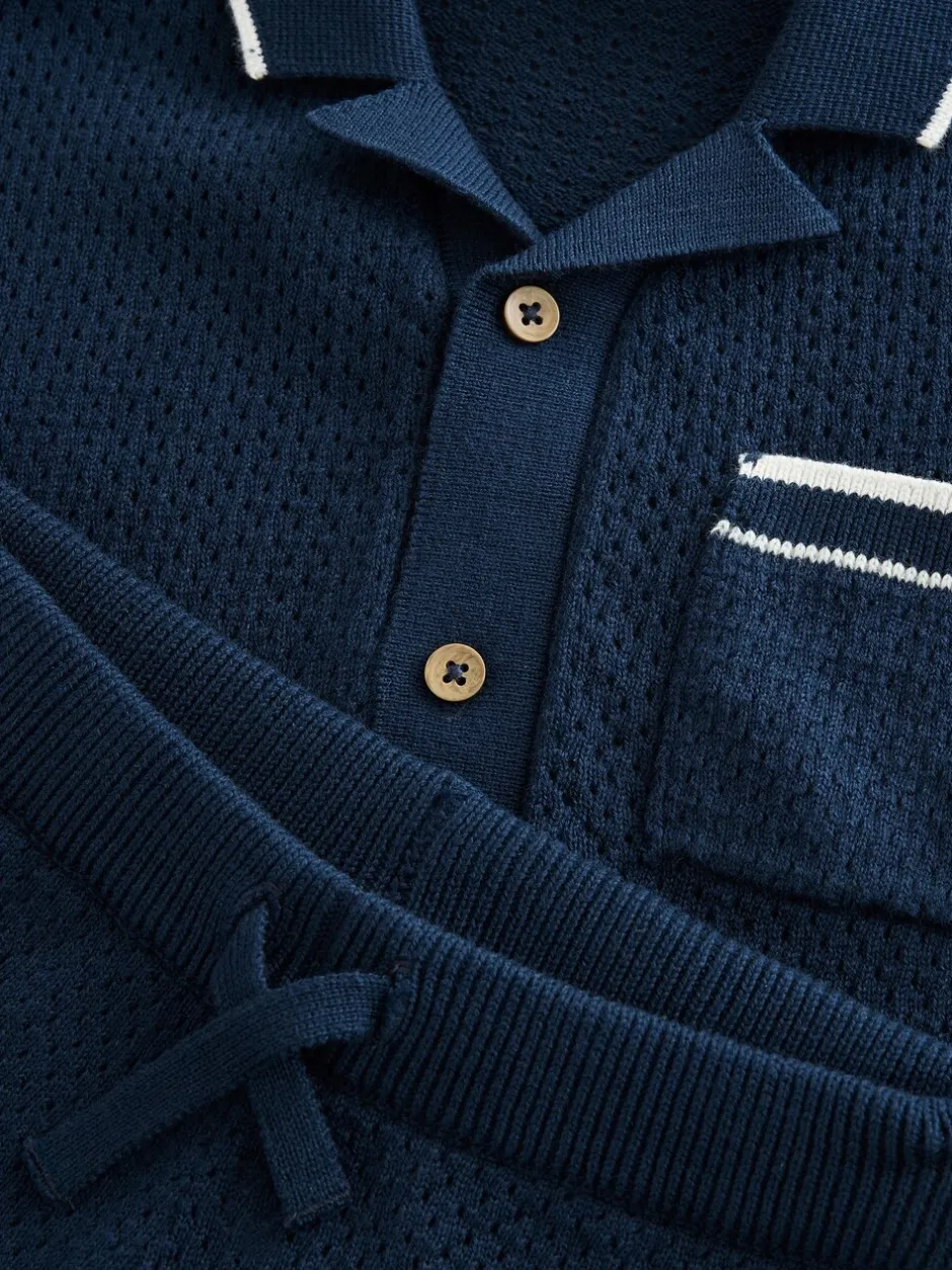 Shorts*Next - Set van gebreid poloshirt met textuur en reverskraag en shorts (3mnd -10jr) Donkerblauw